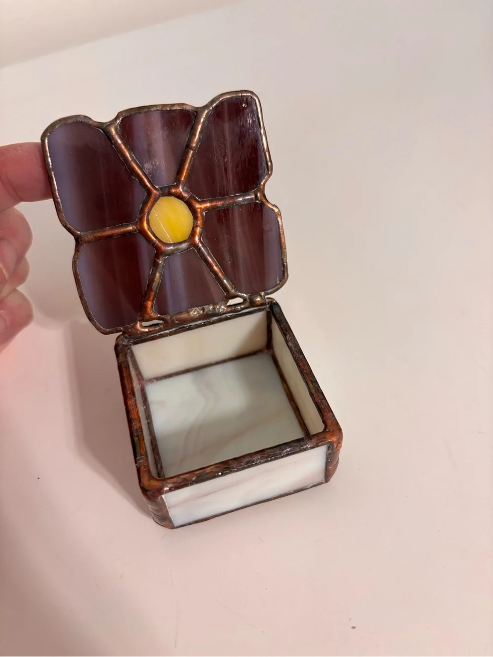 Handmade Stained Glass Trinket Ring Box Purple Flower Yellow Center 2” X 2” Box